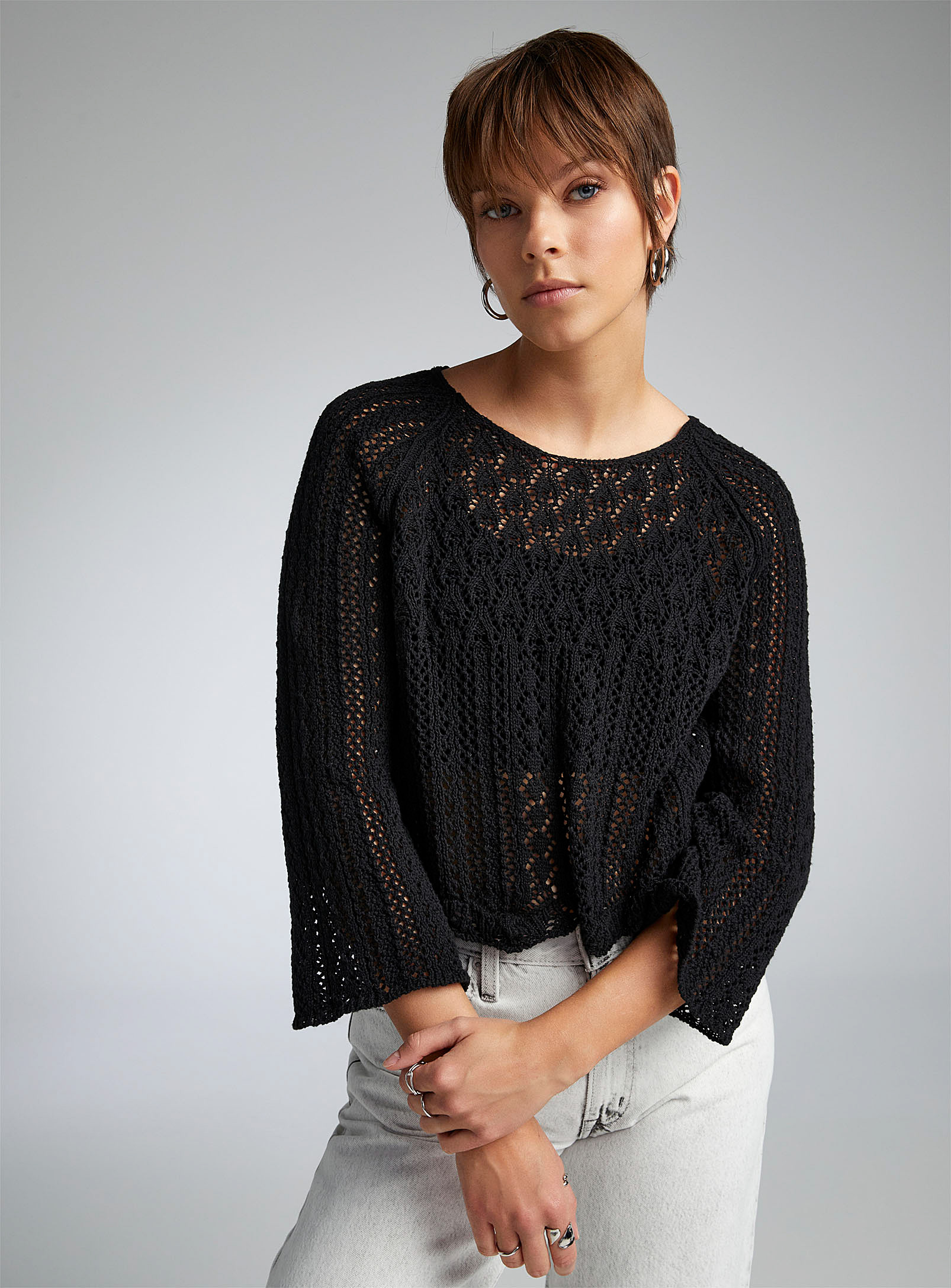 Shop Only Scalloped Edging Openwork Sweater In Black