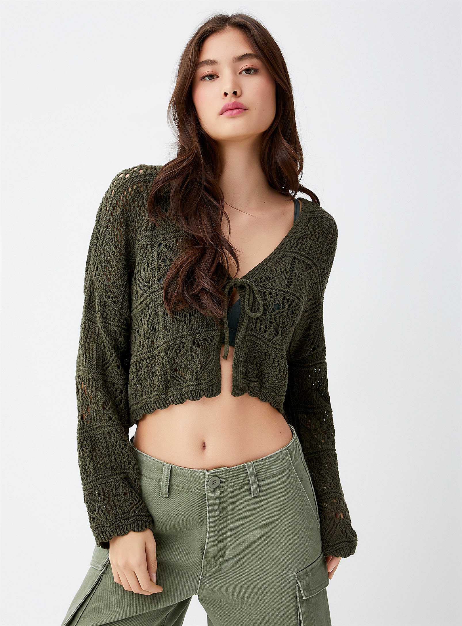 Only Tie-up Openwork Cardigan In Mossy Green