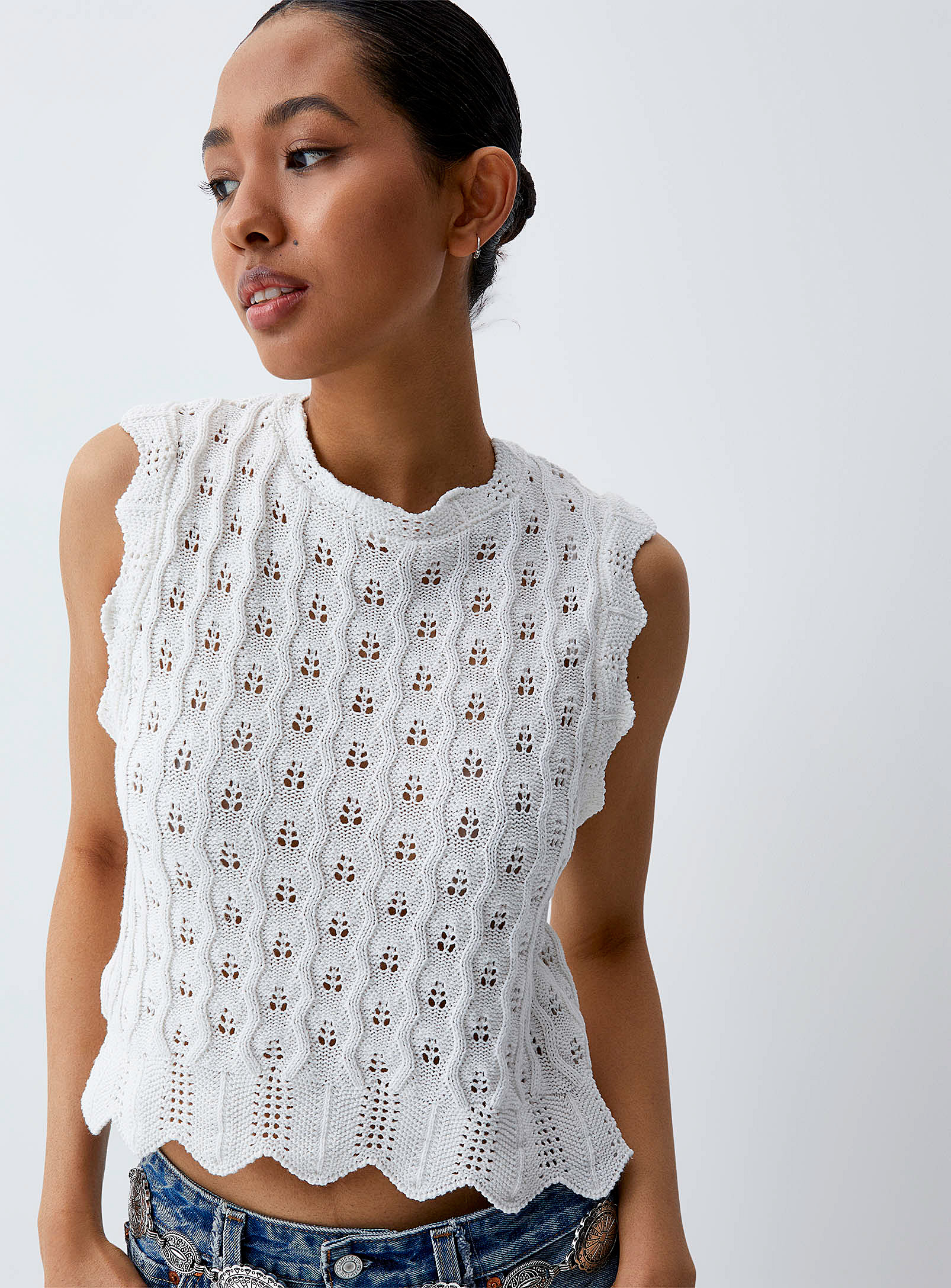 Only Pointelle Knit Scalloped Cami In White