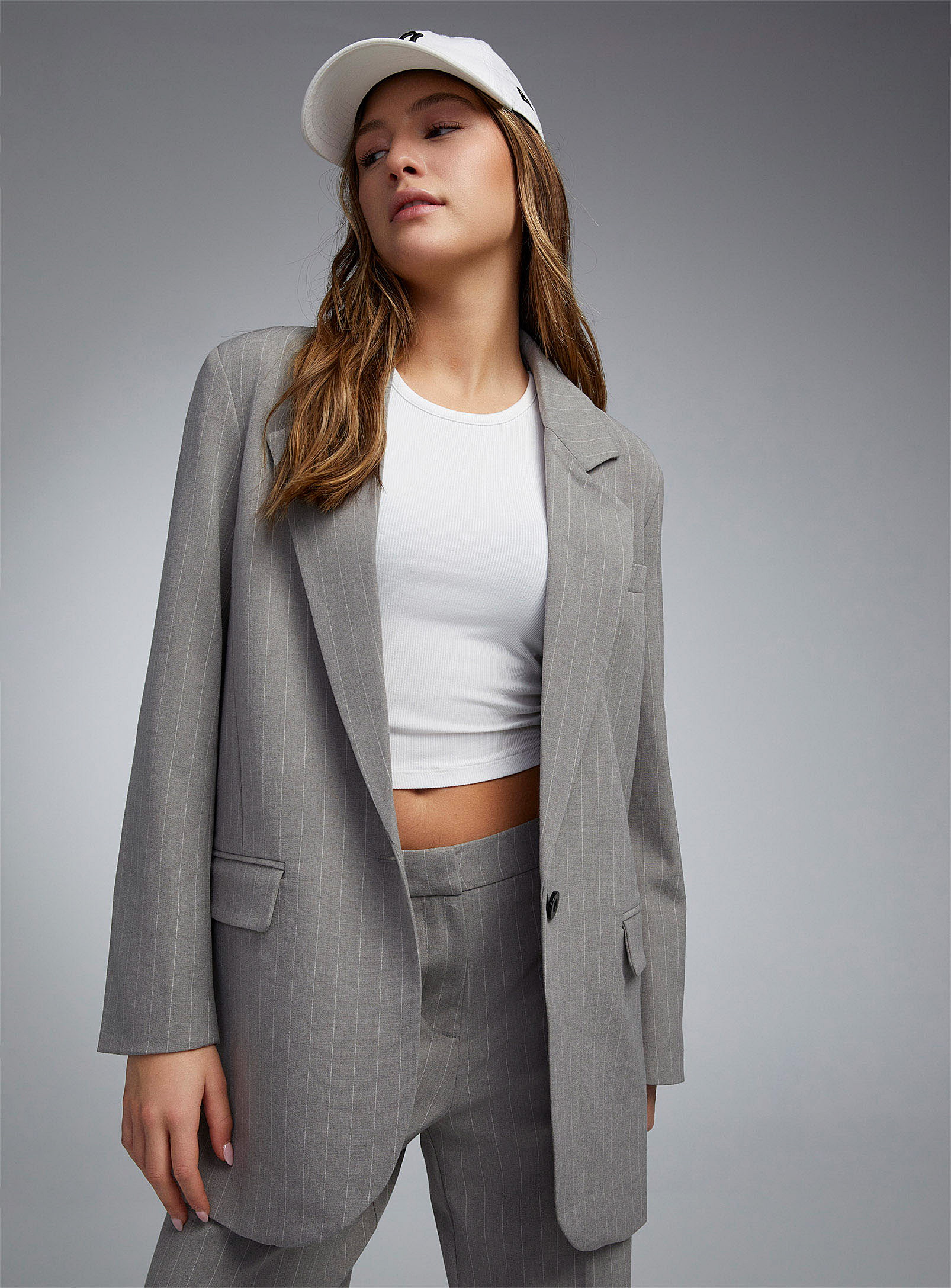Only - Women's Grey pinstripes loose Blazer Jacket