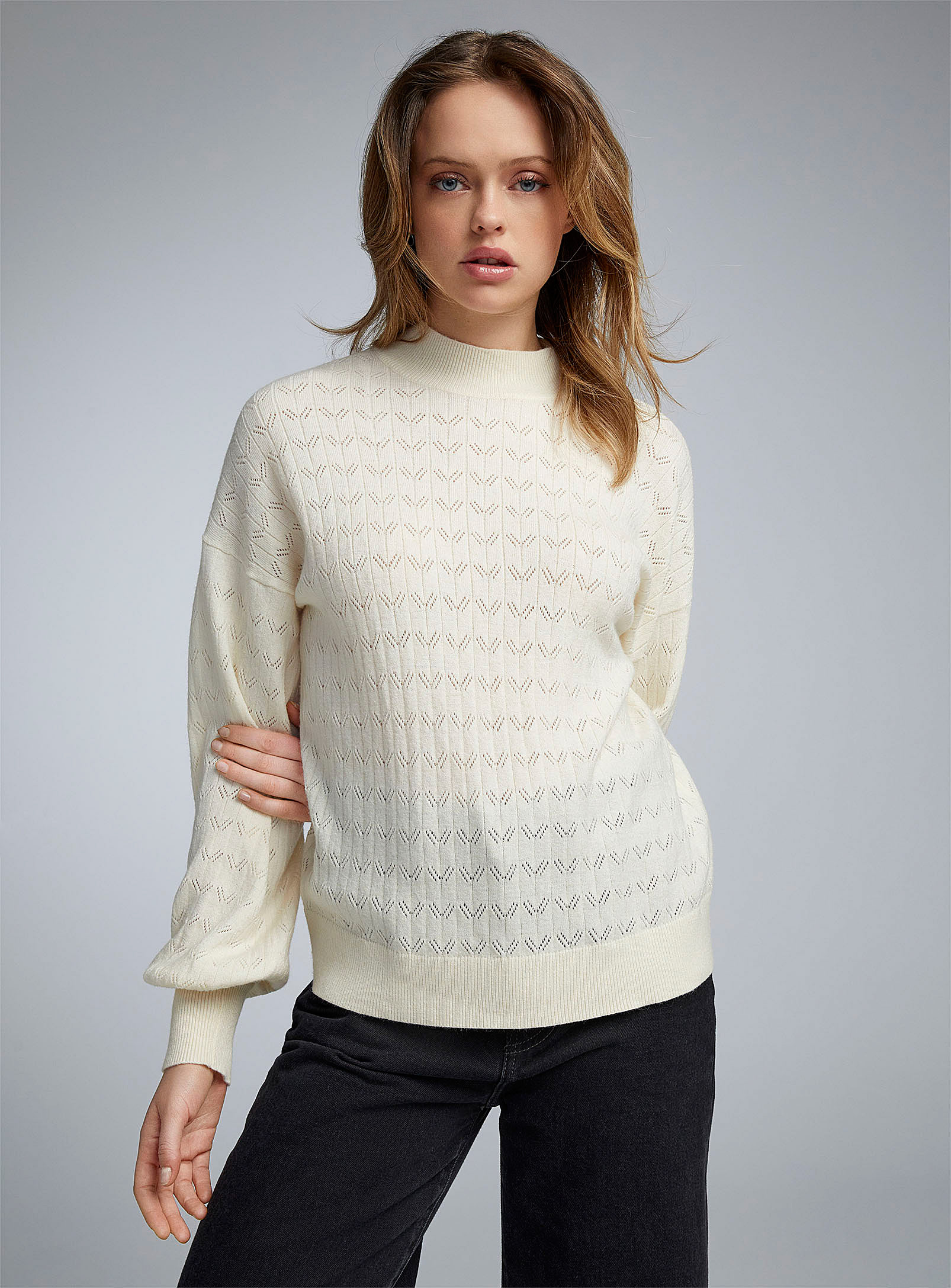 Only Pointelle Knit Mock-neck Sweater In Ivory White