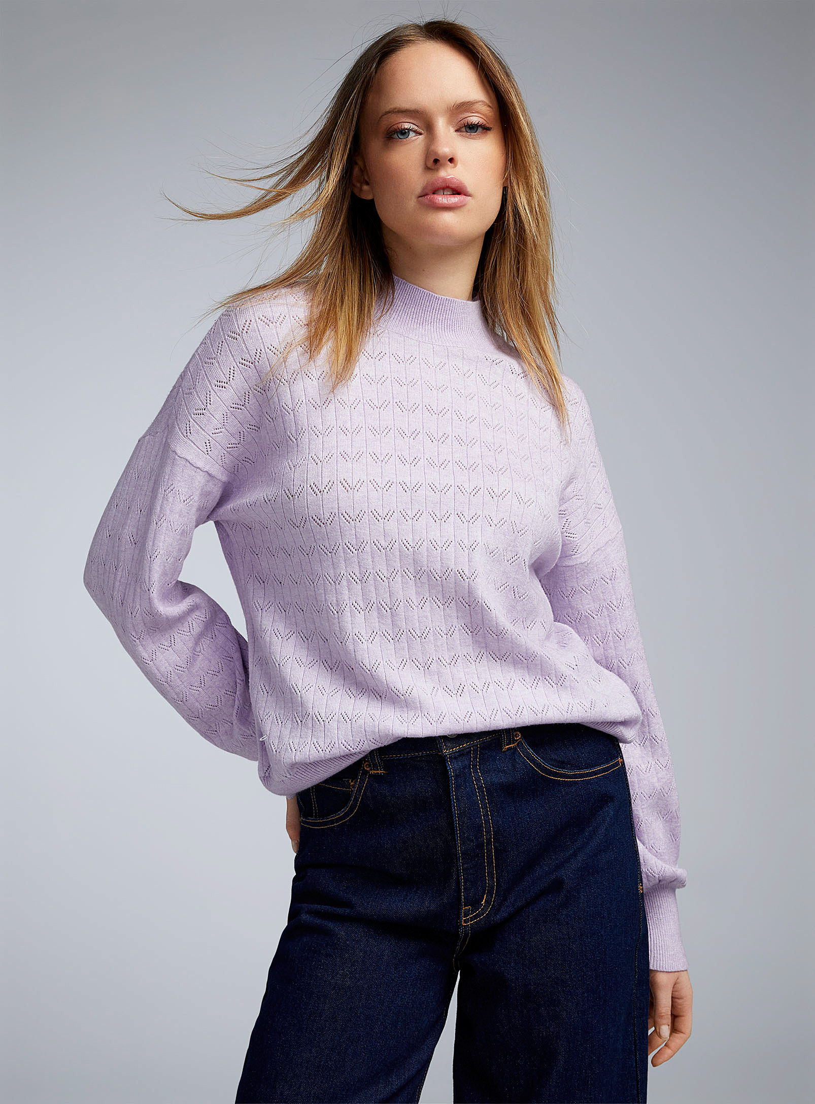 Only Pointelle Knit Mock-neck Sweater In Lilacs