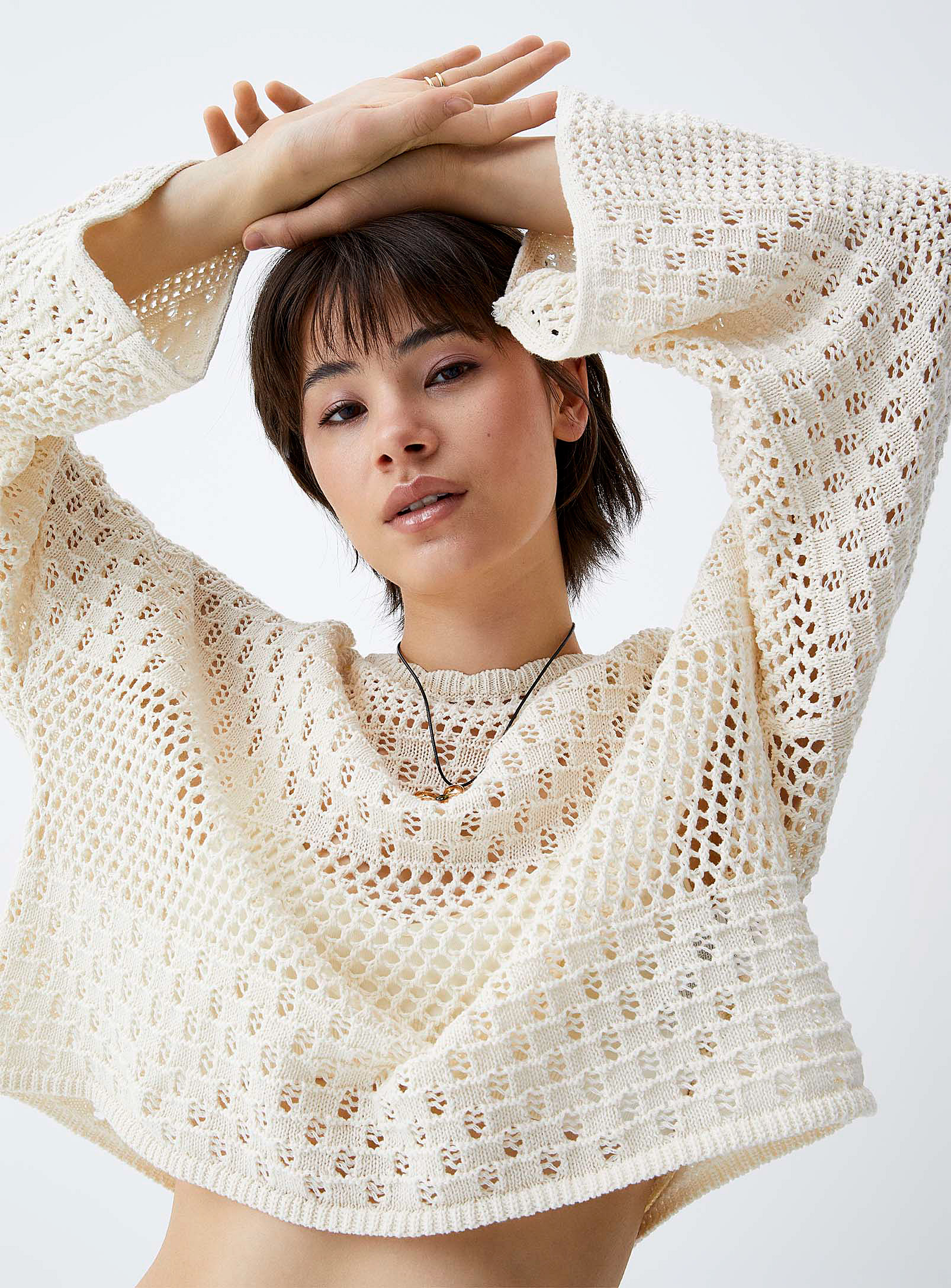 Only Pointelle Knit Loose Sweater In Ivory/cream Beige
