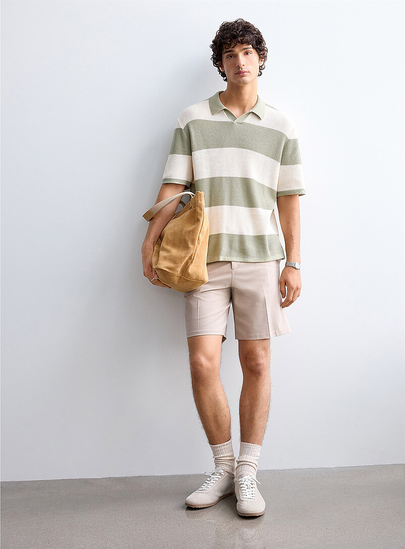 Striped textured knit Johnny-collar polo product image (primary)