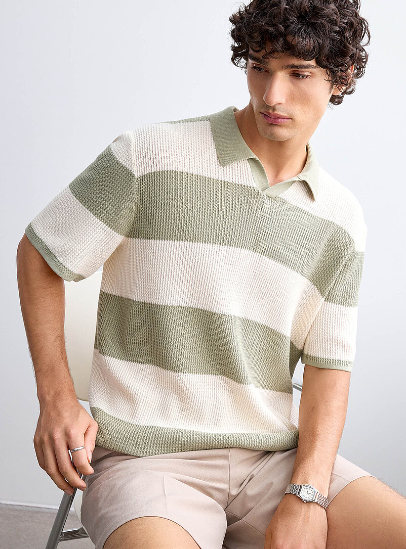 Striped textured knit Johnny-collar polo product image 2