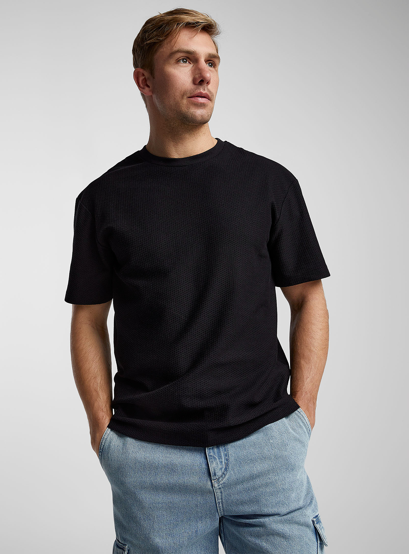 Jack & Jones Honeycomb-textured T-shirt In Black