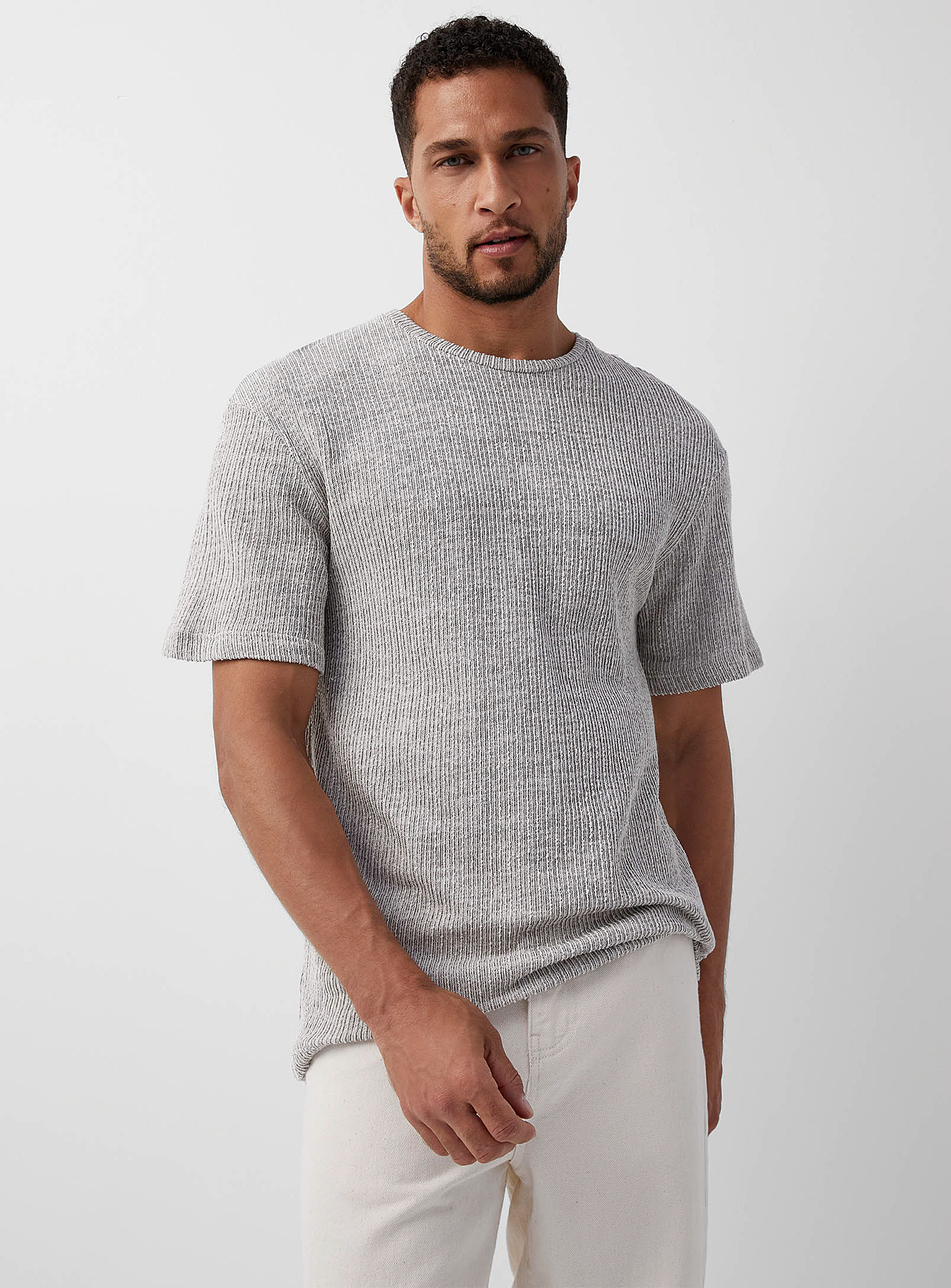 Jack & Jones Textured Heathered Knit T-shirt In Grey