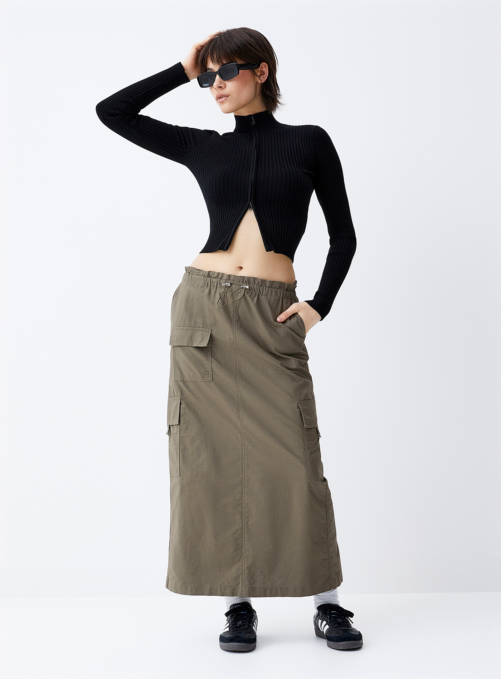 Only Cargo Ripstop Fabric Skirt In Khaki/sage/olive