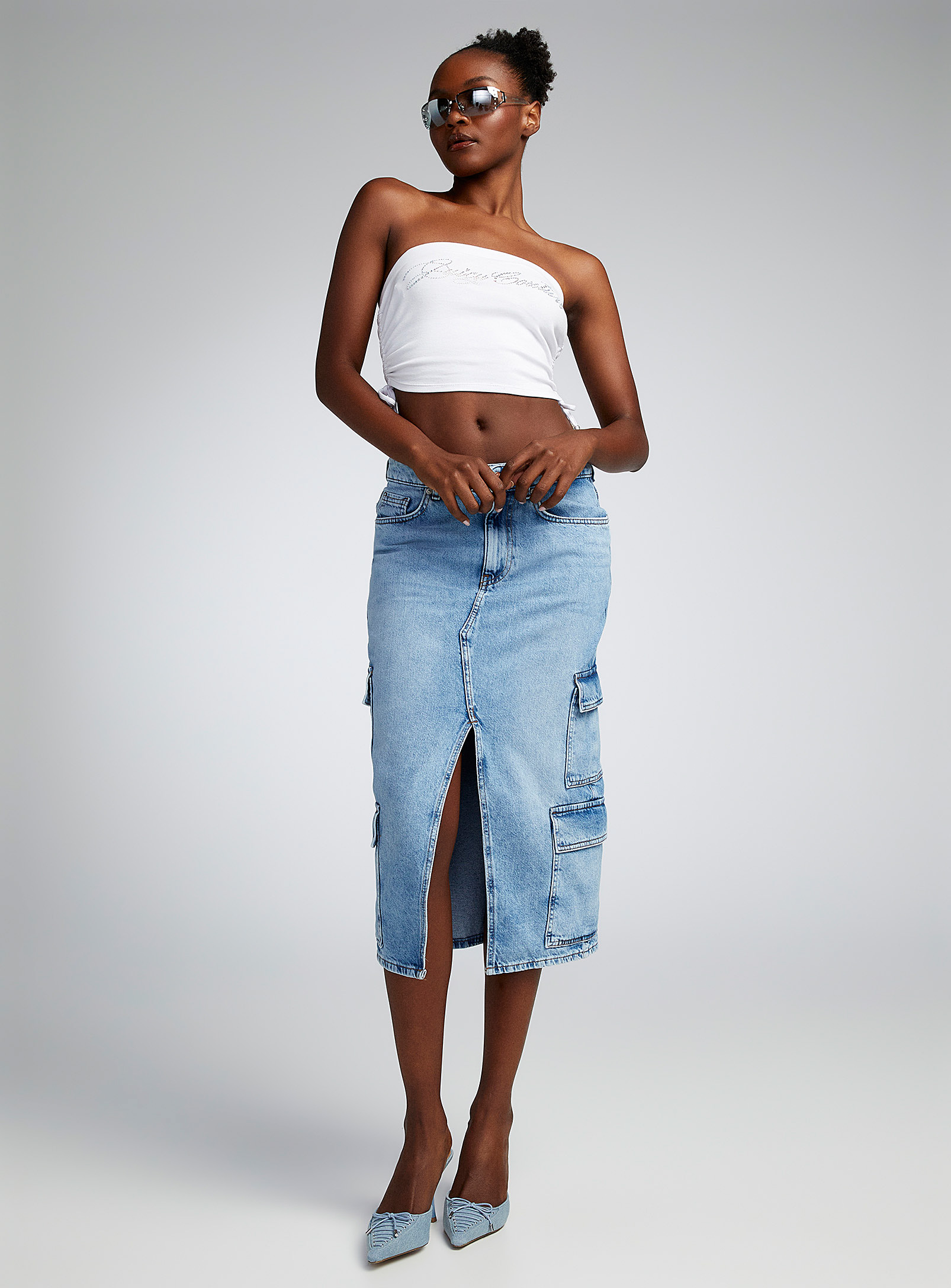 Only Cargo Faded Denim Skirt In Baby Blue