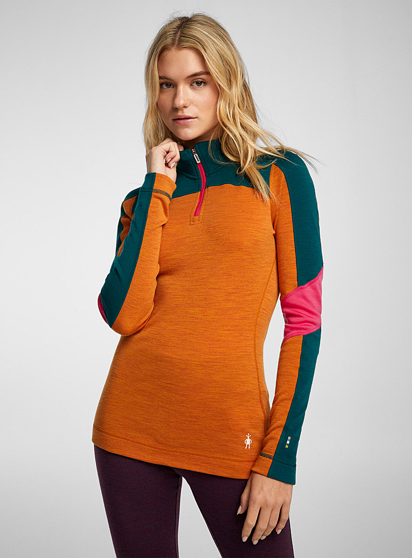 Smartwool Orange Colour block 250 merino zip-neck top for women