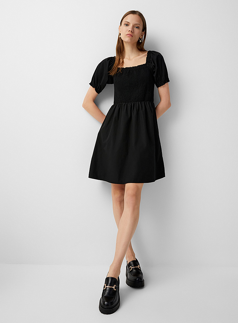 Twik Black Smocked puff-sleeve square-neck dress for women