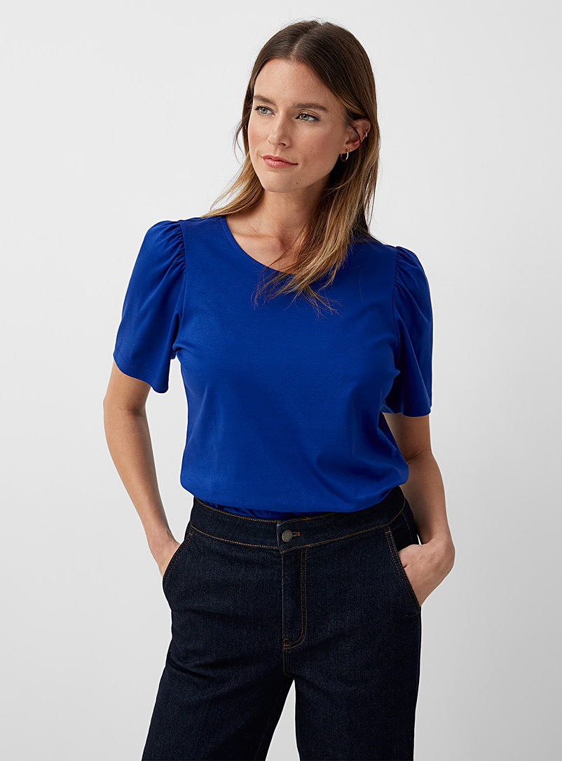 Contemporaine Sapphire Blue Ruffled shoulders T-shirt for women