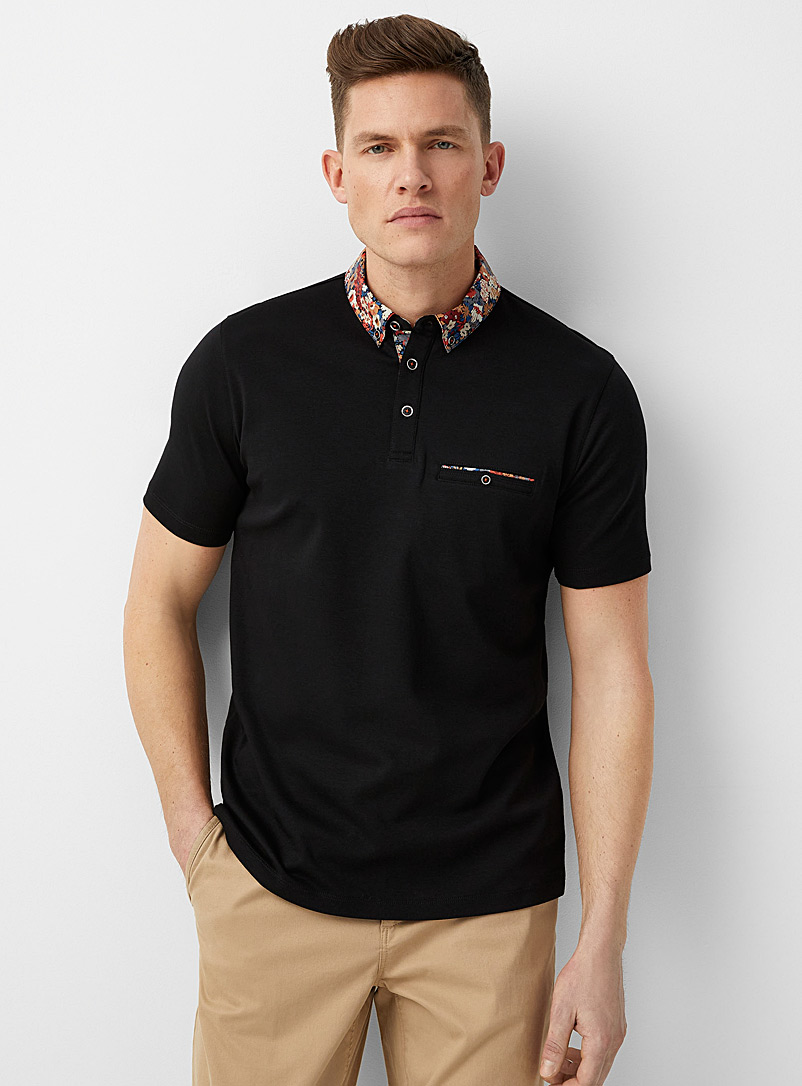 Le 31 Black Floral-collar liquid cotton polo Made with Liberty Fabric for men