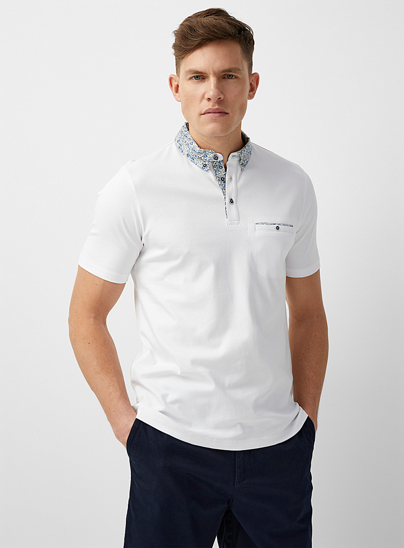 Le 31 White Floral-collar liquid cotton polo Made with Liberty Fabric for men