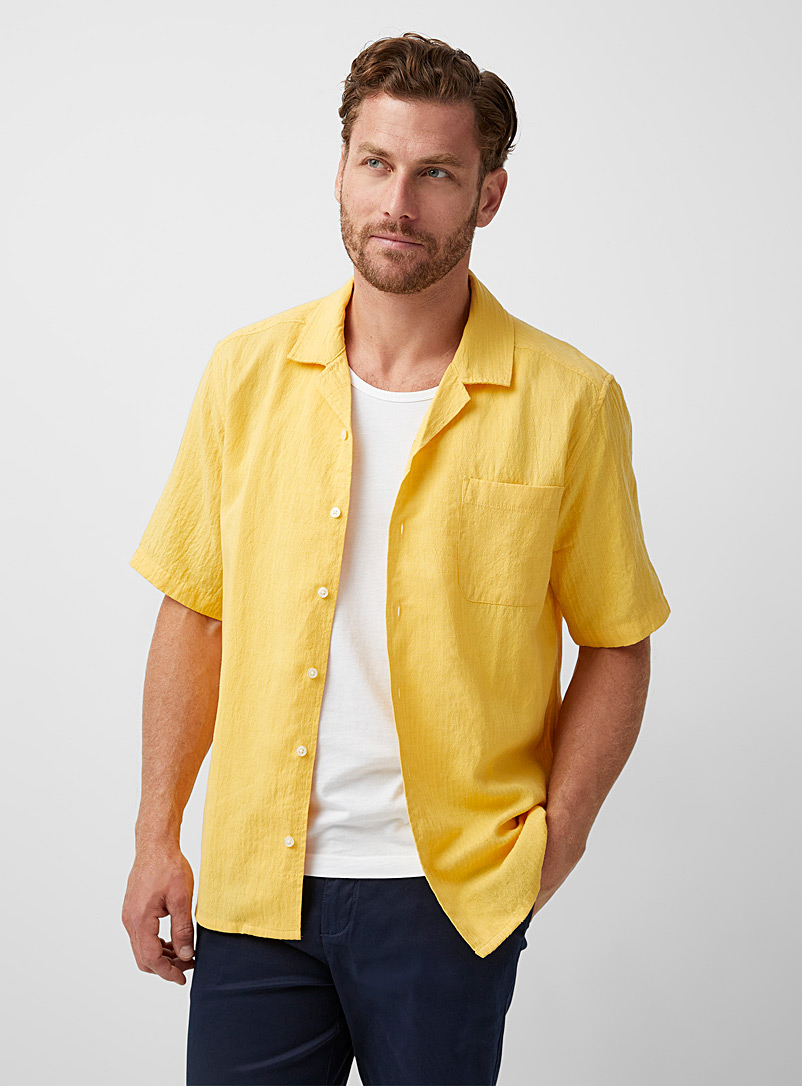 Le 31 Golden Yellow Textured linen camp shirt for men