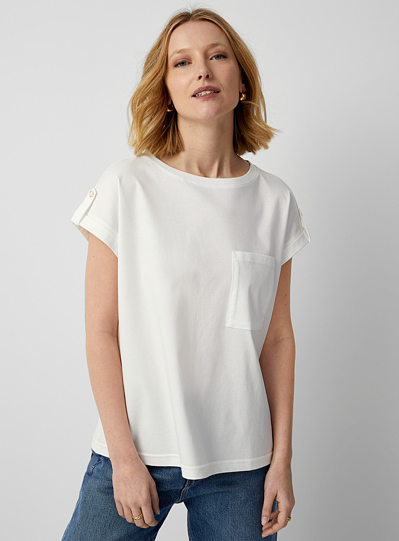 Contemporaine White Cuffed cap-sleeve pocket T-shirt for women