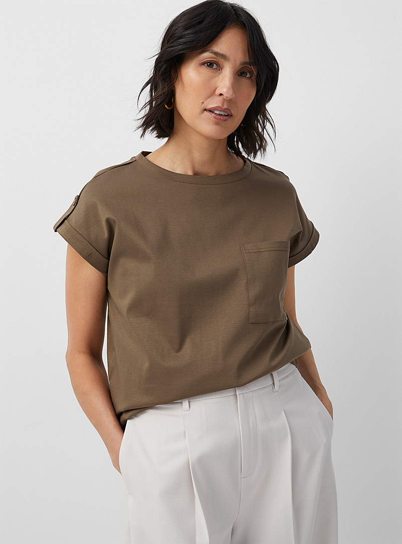 Contemporaine Khaki Cuffed cap-sleeve pocket T-shirt for women