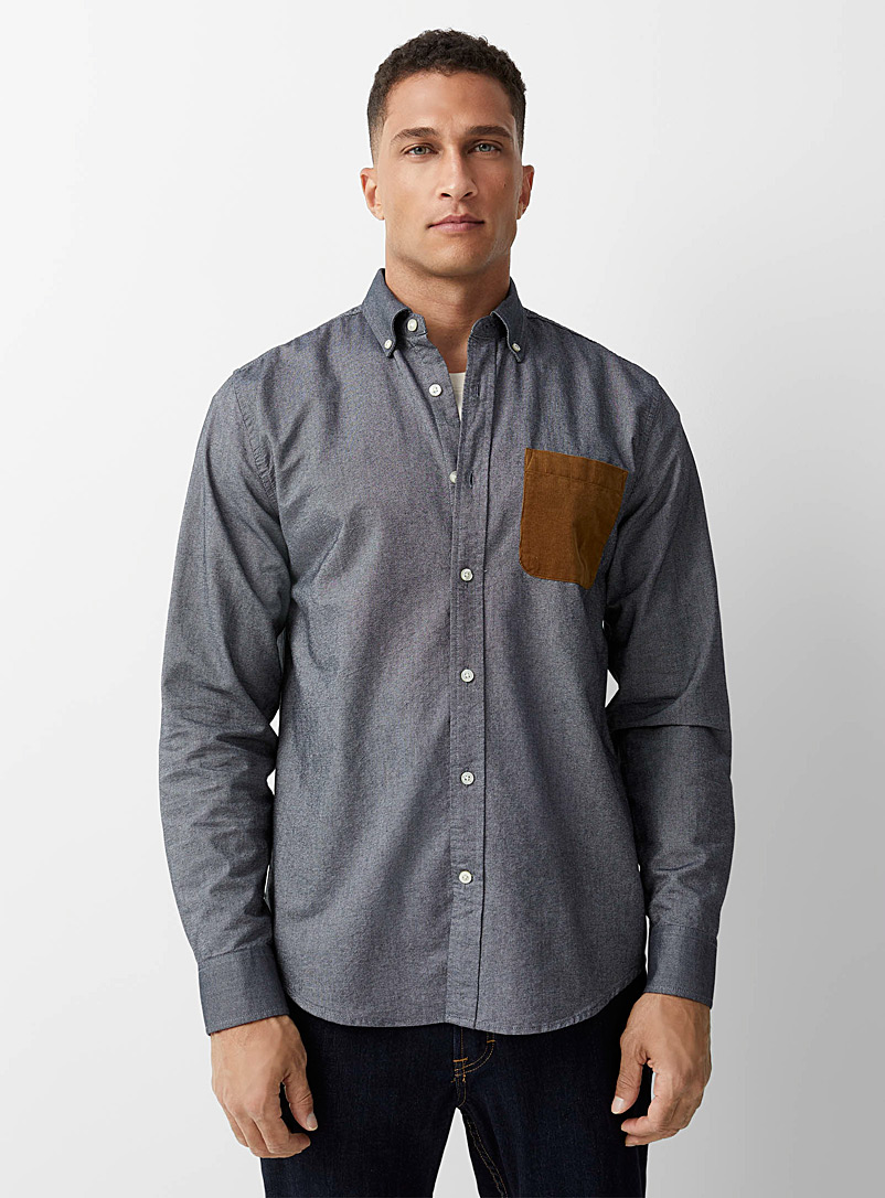 Le 31 Light Grey Corduroy pocket Oxford shirt Modern fit for men