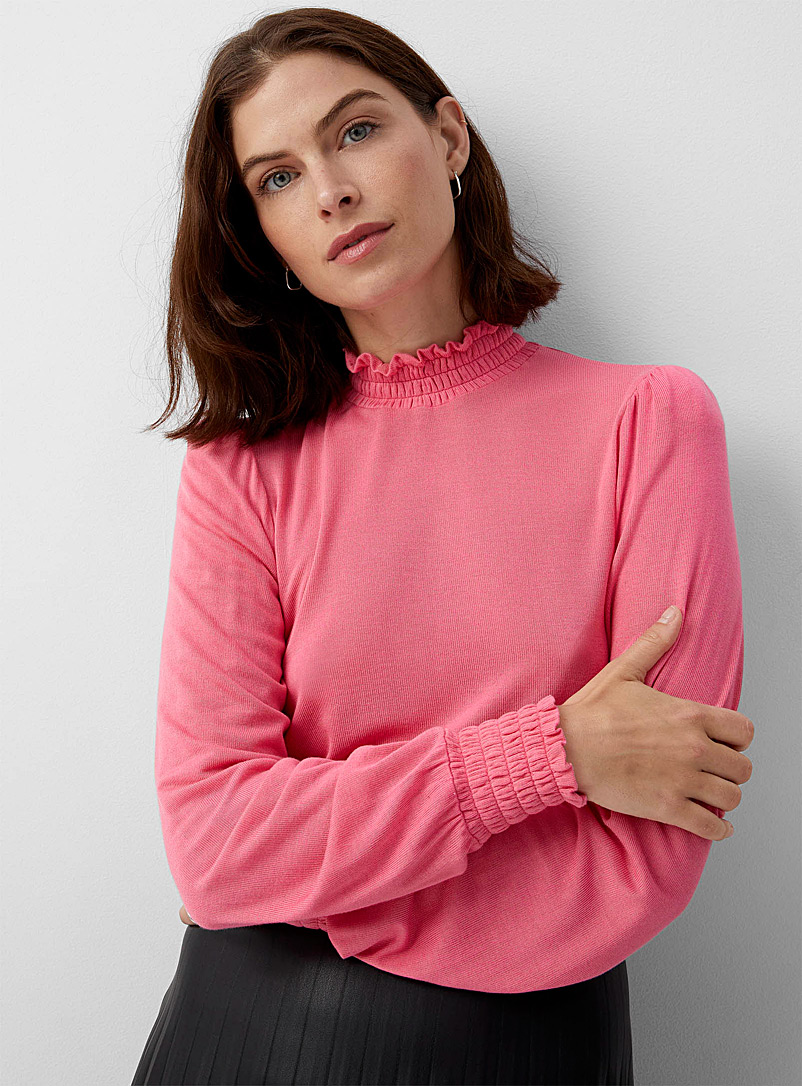 Contemporaine Pink Striped smocked mock-neck top for women