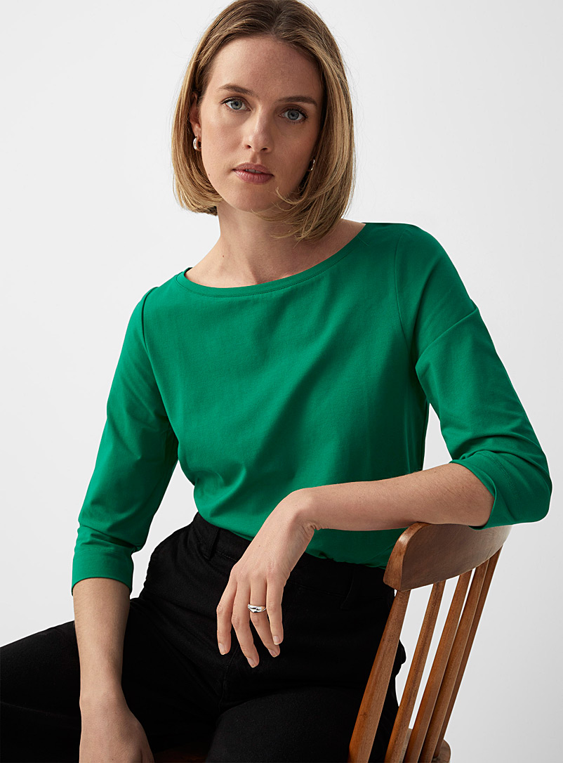 Contemporaine Bottle Green 3/4 sleeves boat neck SUPIMA® cotton T-shirt for women