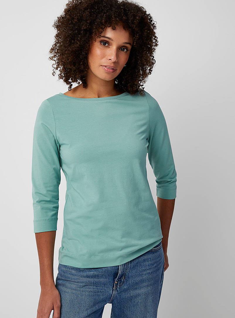 Contemporaine Khaki/Sage/Olive 3/4 sleeves boat neck SUPIMA® cotton T-shirt for women