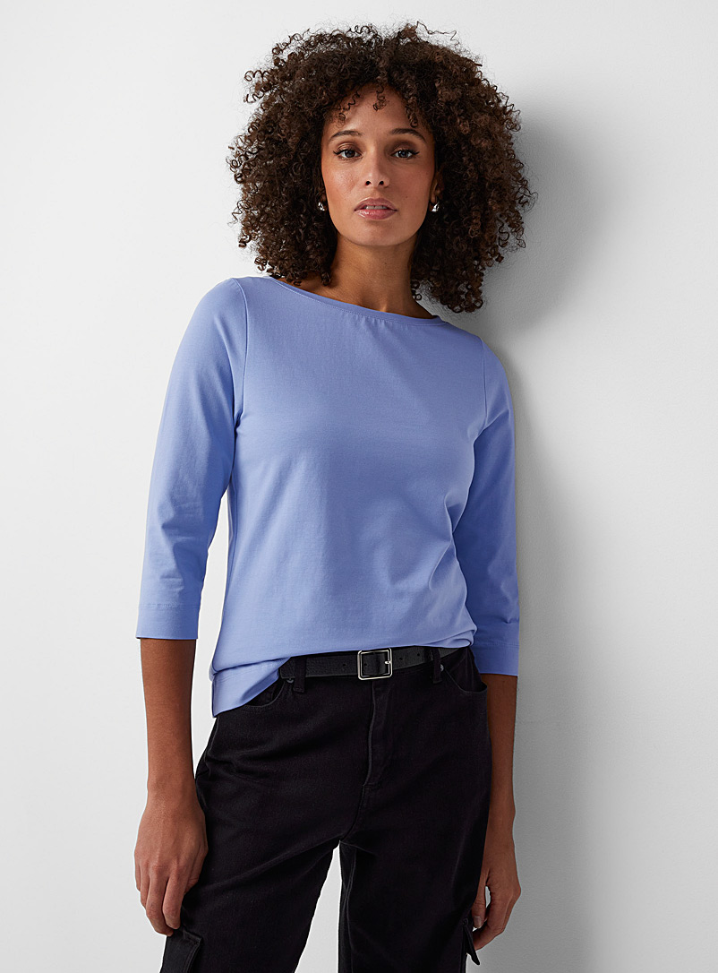 Contemporaine Light blue 3/4 sleeves boat neck SUPIMA® cotton T-shirt for women