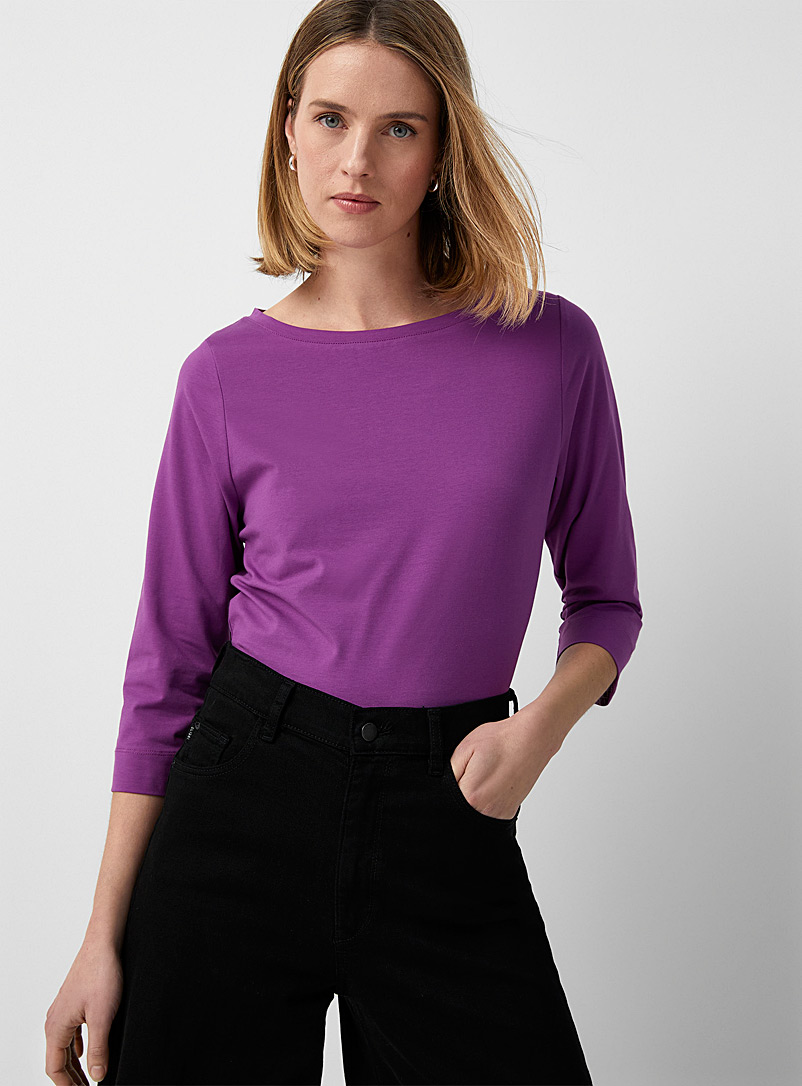Contemporaine Purple 3/4 sleeves boat neck SUPIMA® cotton T-shirt for women