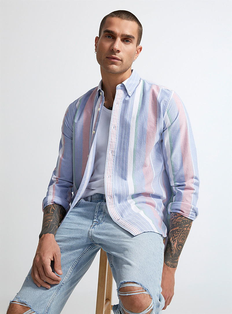 Le 31 Patterned Blue Pastel stripe oxford shirt Modern fit for men