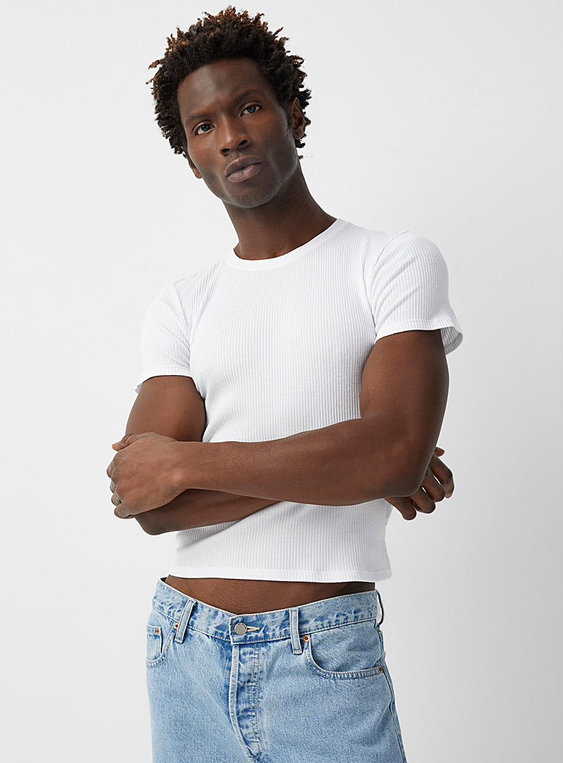 Le 31 White Ribbed cropped T-shirt for men