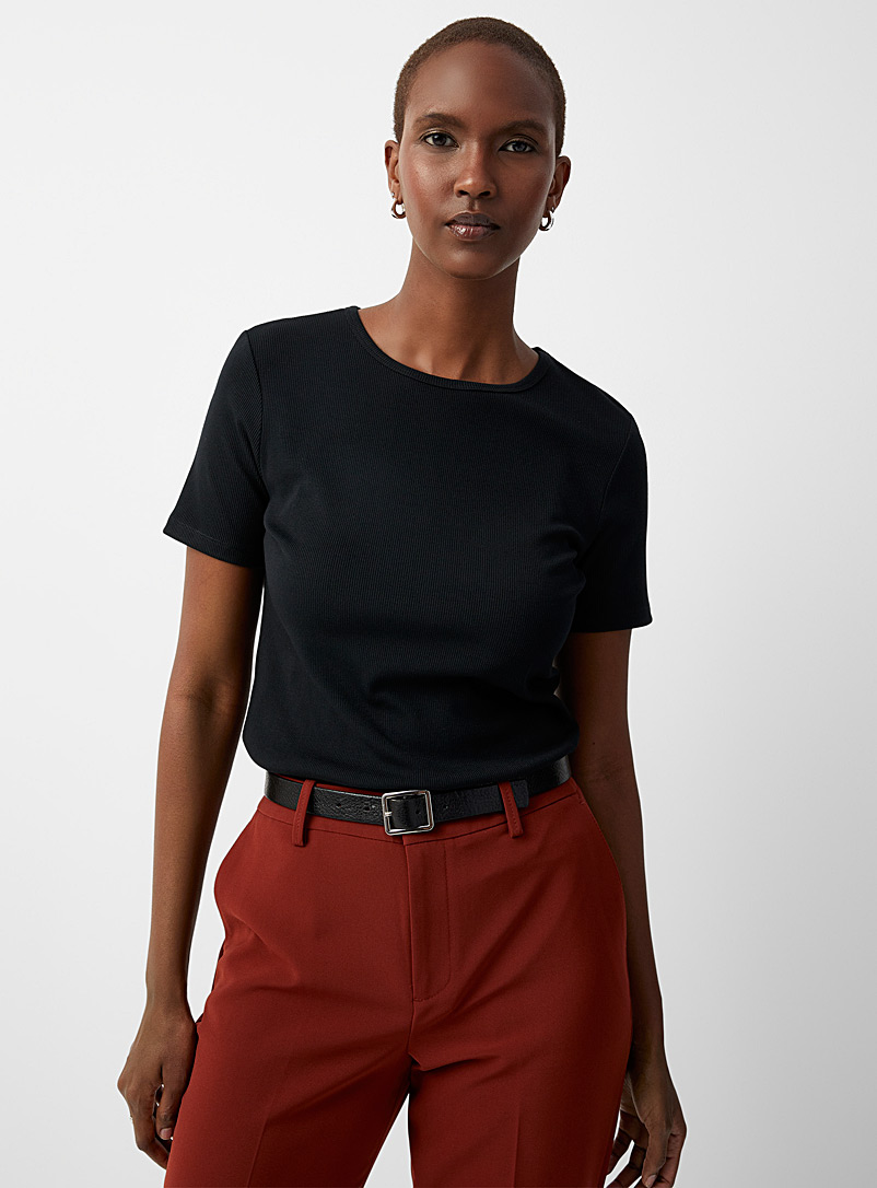 Contemporaine: Le t-shirt col rond minicôtes Noir pour femme