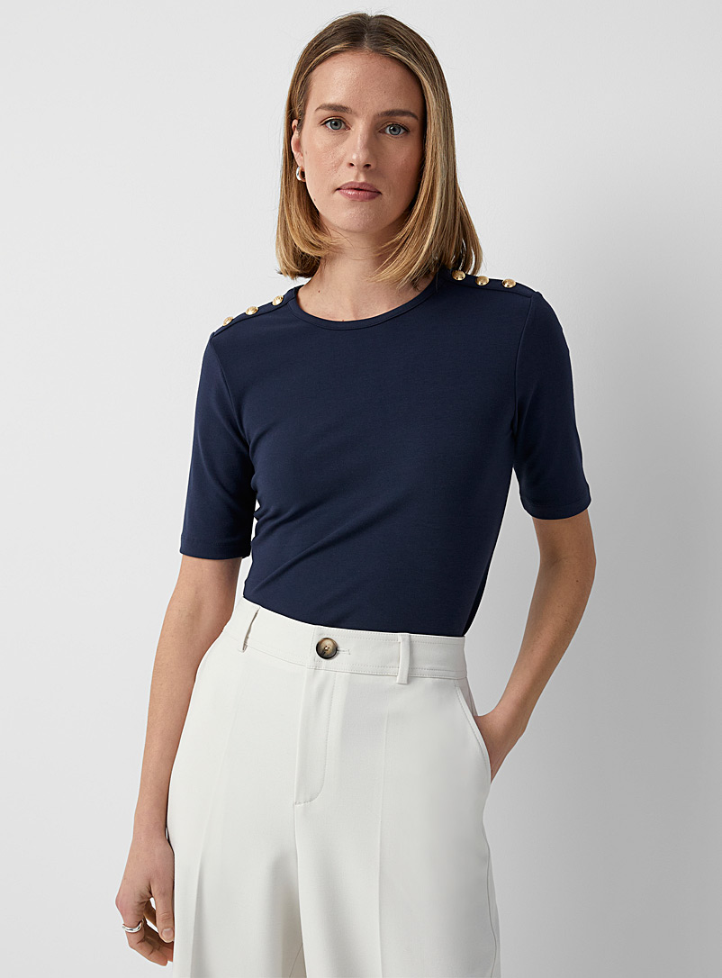 Contemporaine Marine Blue Buttoned shoulders T-shirt for women
