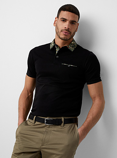 Le 31 Black Floral-accent liquid cotton polo Made with Liberty Fabric for men
