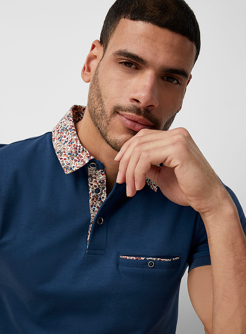 Le 31 Slate Blue Floral-accent liquid cotton polo Made with Liberty Fabric for men