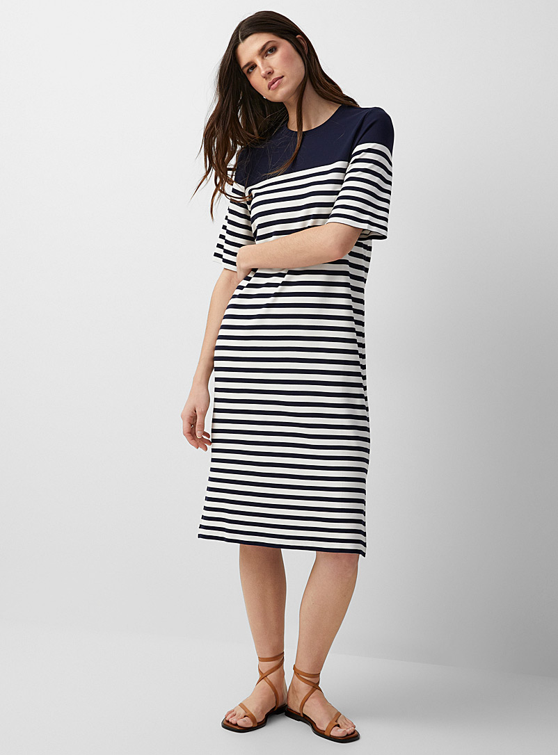 Contemporaine Patterned Blue Two-tone stripe jersey dress for women