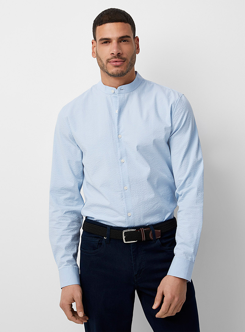 Le 31 Blue Officer-collar seersucker shirt Modern fit for men