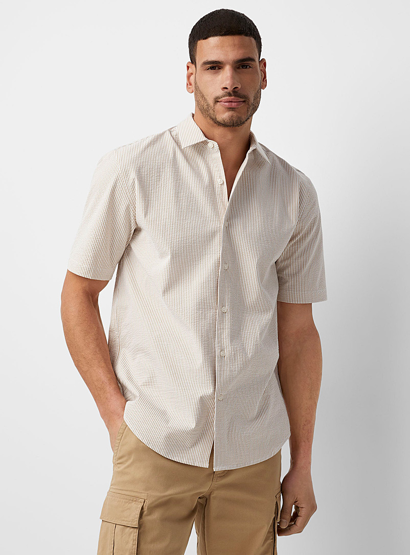 Le 31 Ivory/Cream Beige Striped seersucker shirt Modern fit for men
