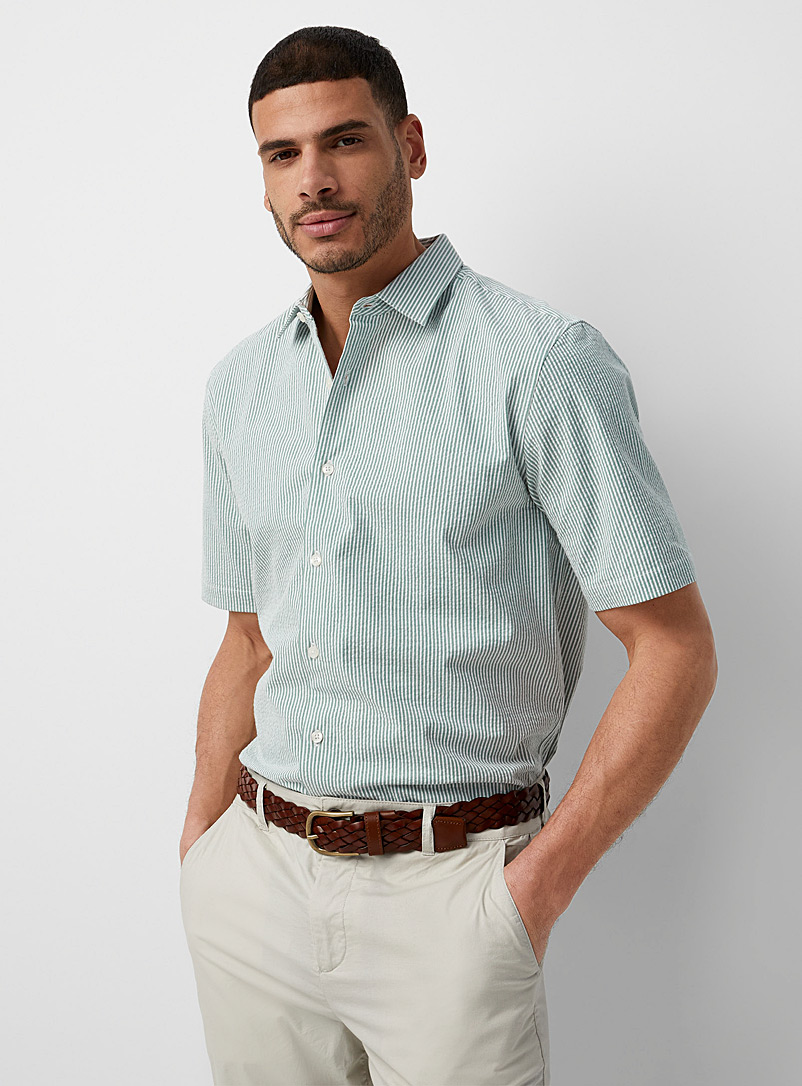 Le 31 Green Striped seersucker shirt Modern fit for men