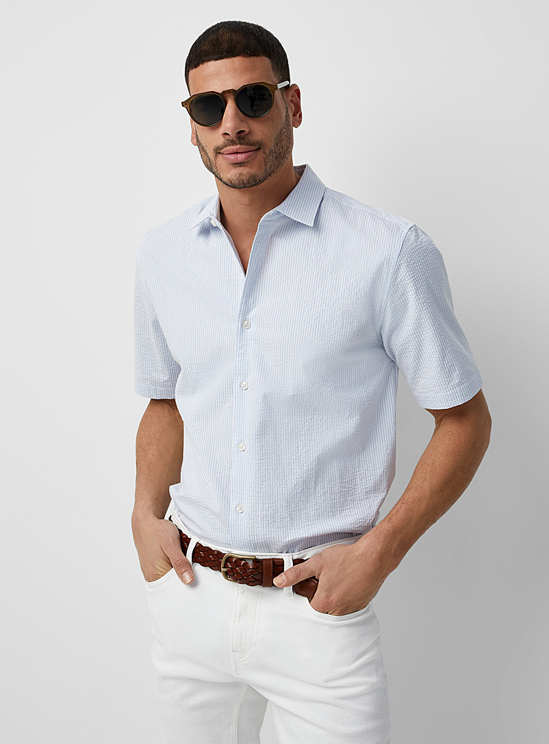Le 31 Blue Striped seersucker shirt Modern fit for men