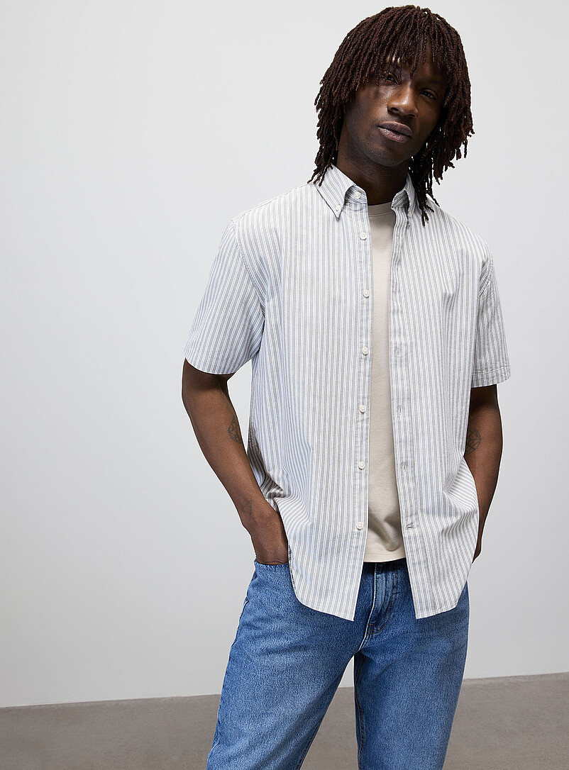 Le 31: La chemise manches courtes oxford ray&eacute;e <b>Coupe confort</b> Vert pour homme