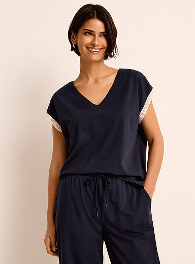 Miiyu: Le t-shirt mancherons coton SUPIMA<sup><small>MD</small></sup> accents dentelle Bleu marine - Bleu nuit pour femme