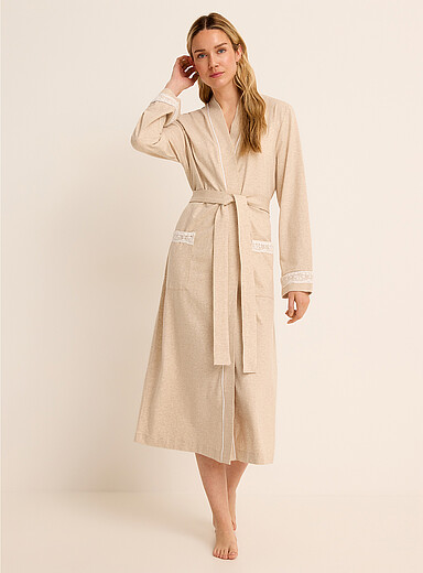 Miiyu: Le long peignoir coton SUPIMA<sup><small>MD</small></sup> accents dentelle Sable pour femme