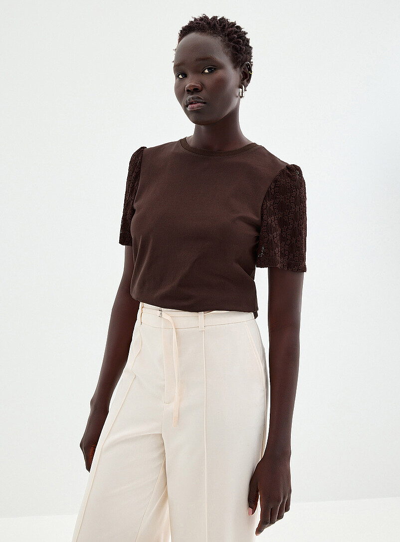 Lace puff-sleeve dual-material T-shirt | Contemporaine | Women's