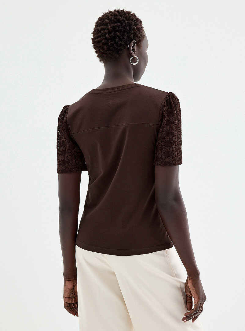 Contemporaine: Le t-shirt bimati&egrave;re manches bouffantes dentelle Blanc pour femme