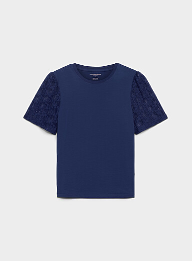Lace puff-sleeve dual-material T-shirt