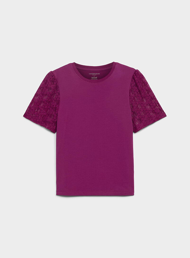 Contemporaine: Le t-shirt bimati&egrave;re manches bouffantes dentelle Blanc pour femme