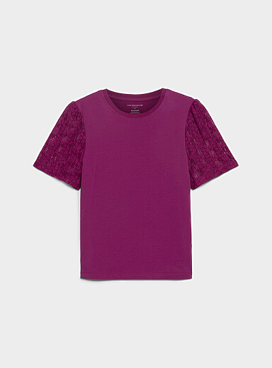 Contemporaine Grape/Dark Crimson Lace puff-sleeve dual-material T-shirt for women