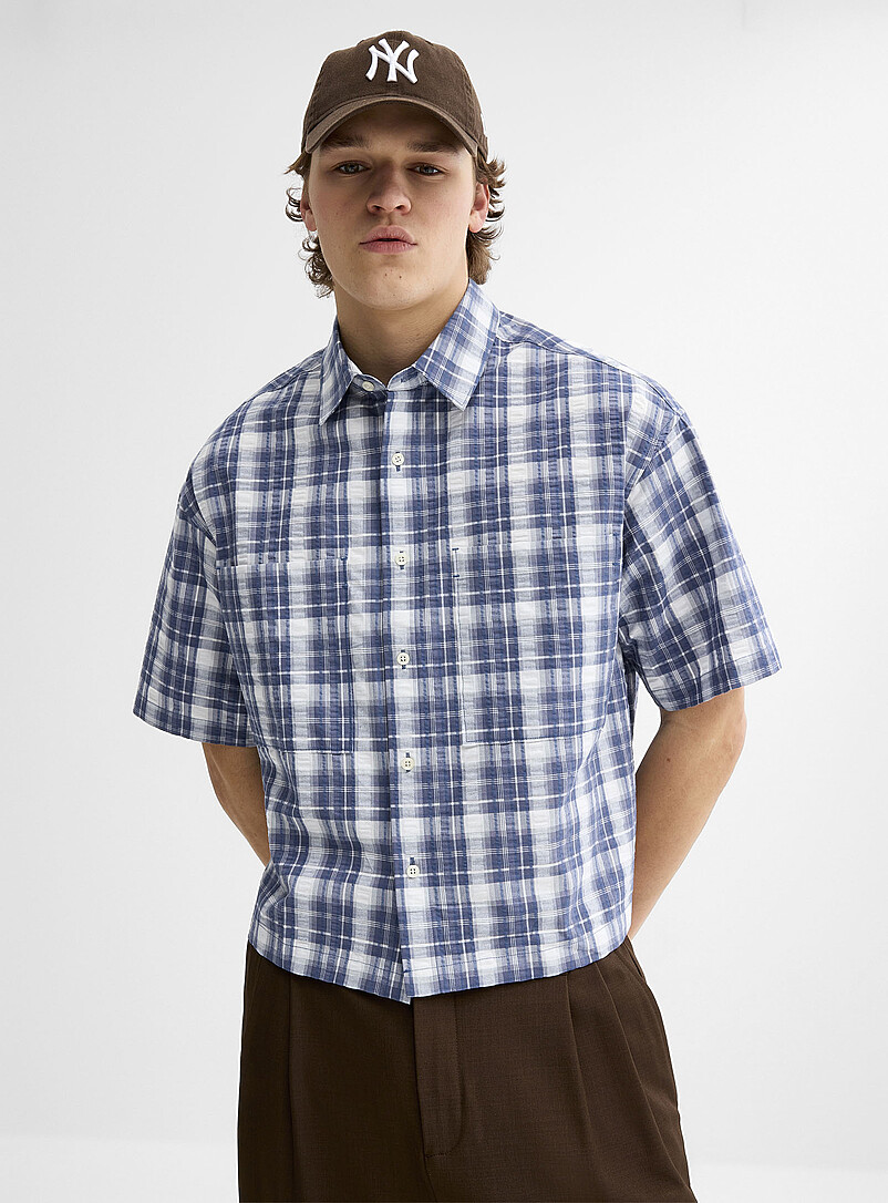 Djab: La chemise seersucker &agrave; carreaux <b>Coupe carr&eacute;e</b> Bleu fonc&eacute; - Indigo pour homme
