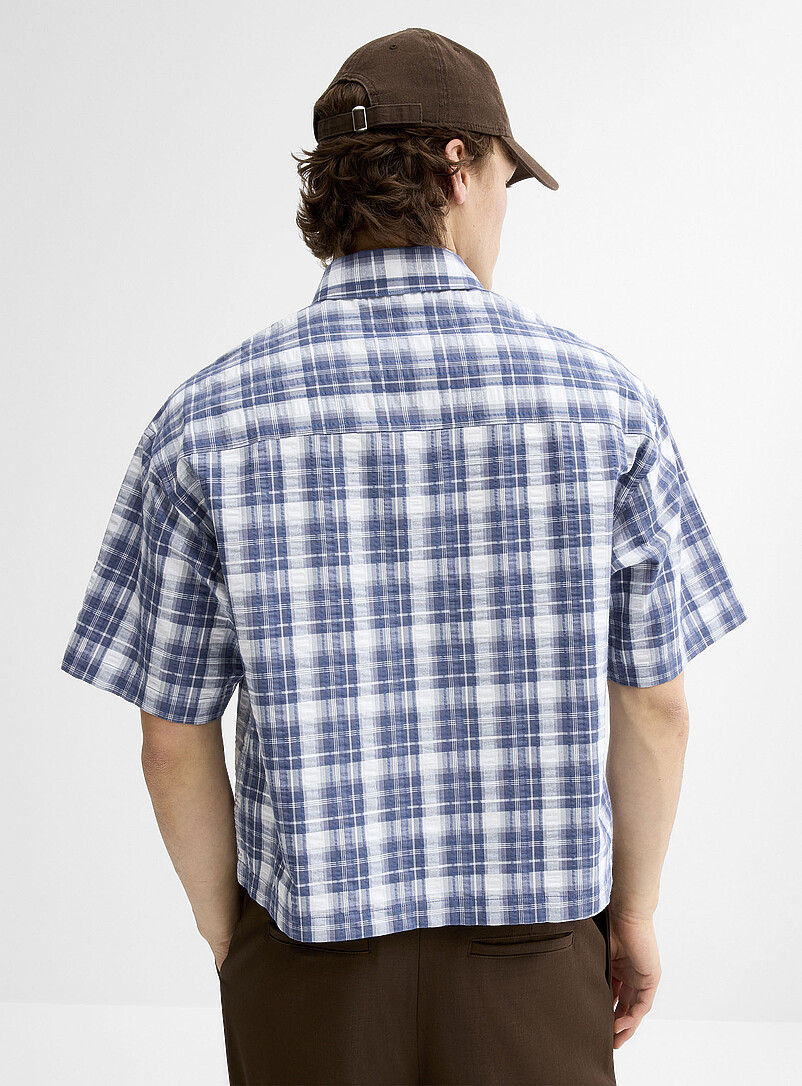 Djab: La chemise seersucker &agrave; carreaux <b>Coupe carr&eacute;e</b> Bleu fonc&eacute; - Indigo pour homme