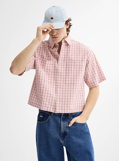 Djab: La chemise seersucker &agrave; carreaux <b>Coupe carr&eacute;e</b> Rose pour homme