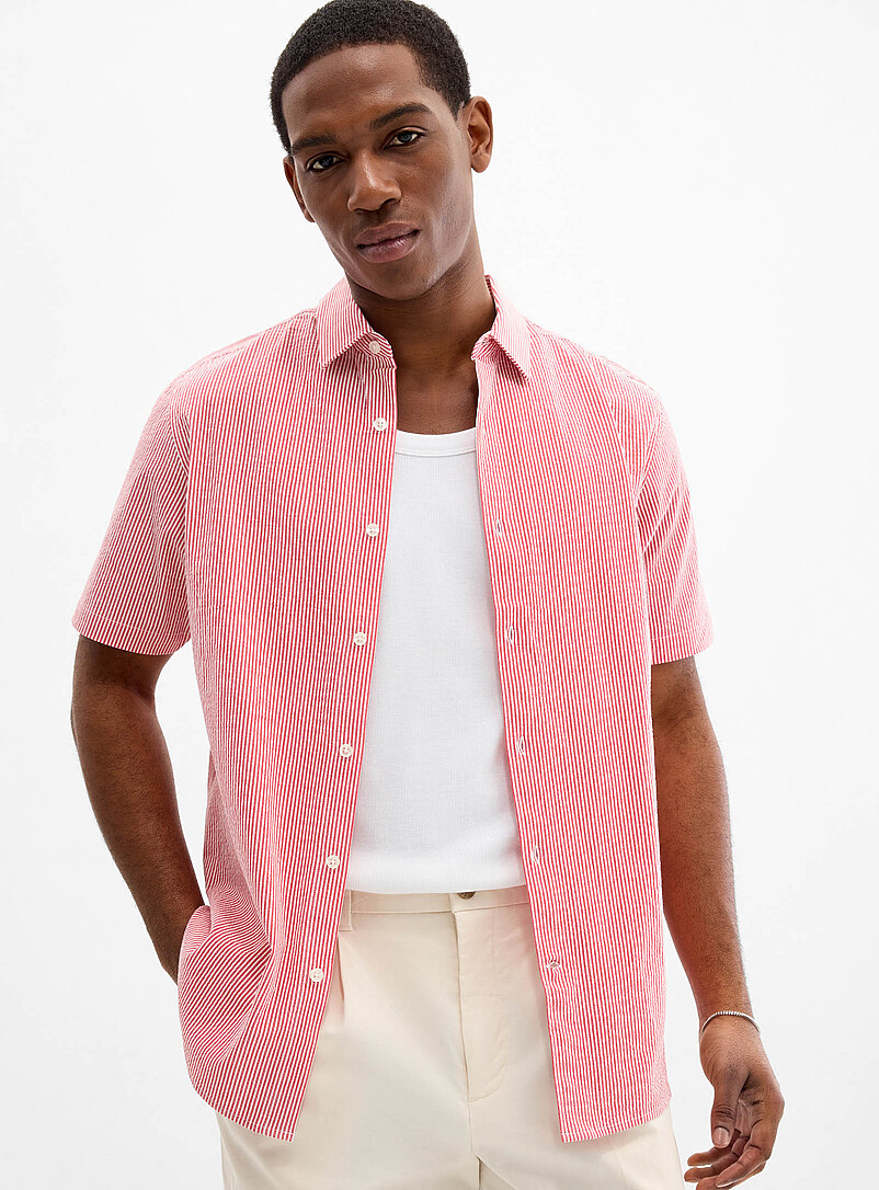 Le 31: La chemise seersucker rayure color&eacute;e <b>Coupe moderne</b> Rouge &agrave; motifs pour homme